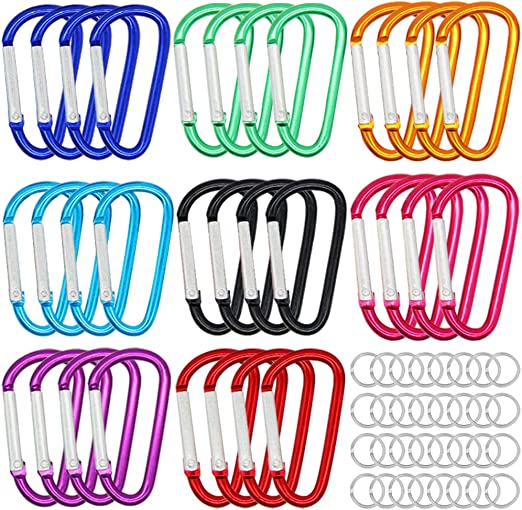 H&W 1.8'' 32pcs Small Aluminum Carabiner D Ring 8 Colors, Durable Spring-Loaded Gate Carabiners Clips Hook, Sport Accessories, with Gift Steel Rings 32pcs, for para-Cord Crafts