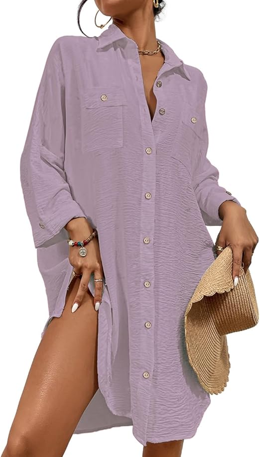 Bsubseach Womens Modern Swimsuit Cover Up Blouse Button Down Shirt Dresses Tops