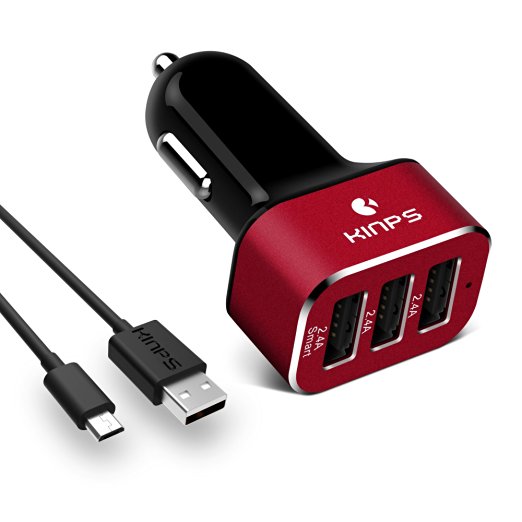 Car Charger, Kinps® Intelligent 7.2A/ 36W 3 USB Ports Car Charger with Smart Charging Technology Adapter for Apple and Android Devices (Red Black)