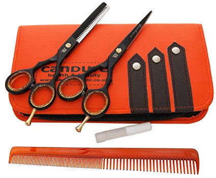 5.5" Deep Black Fix Screw Hair Hairdressing Cutting Scissors Barber and thinning Salon Shears Set