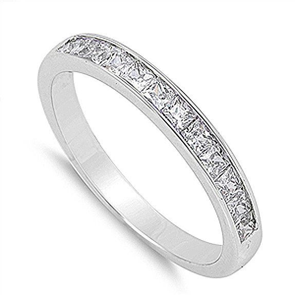 Sterling Silver Wedding Ring Princess Cut Channel Set Wedding Band 3MM ( Size 5 to 12 )