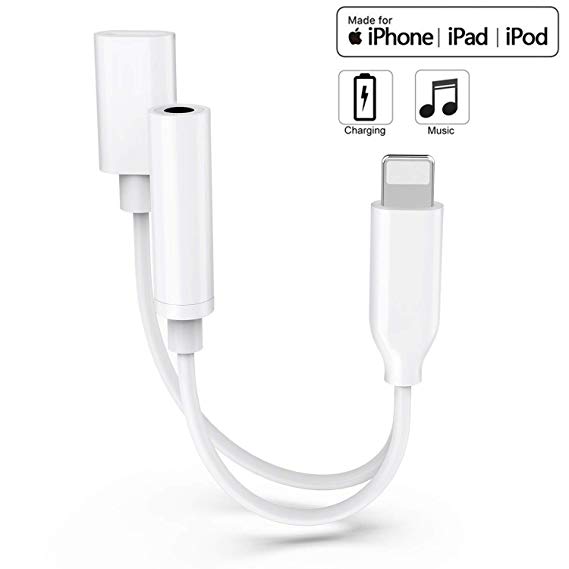 Headphone Lightning Adapter for iPhone Lightning to 3.5 mm Headphone Jack Adapter Charger & Audio for iPhone Xs/Xs Max/XR/X/ 8 /8Plus/7 /7Plus Dongle Earphone Splitter Charger Connector Support iOS 12