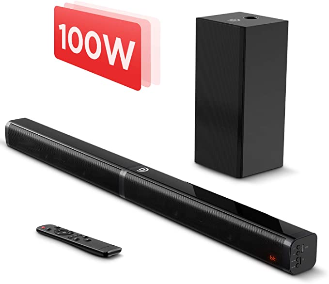 Sound Bar, Bomaker 2.1 CH Soundbar with Subwoofer, 5 EQ Modes, 110dB, Bluetooth 5.0, LED Display, Optical/Aux/TF Card/USB Input, Work with HD 4K Smart TV