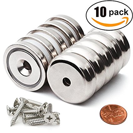 Super Power Neodymium Cup Magnets with 90 LBS Pull Capacity Each, 1.26"D x 0.3"H - Pack of 10