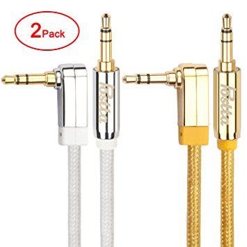 Postta 3.5MM Braided Stereo Audio cable(1.5 Feet)with Premium Metal Shell-Angled Male to Male AUX Cable for Car Stereos,Smartphones,Tablets,PC,Media Players and more-2 Pack(Golden/White)