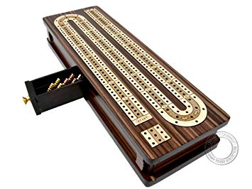 House of Cribbage - Continuous Cribbage Board / Box Inlaid in Rosewood / Maple 12" - 3 Tracks - Sliding Lid Drawer
