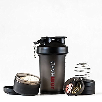 JAMhard 600 ML Supplement Compartment Protein Shaker - BPA Free - Multiple Powder Compartment, Pill Holder with Mixer Ball