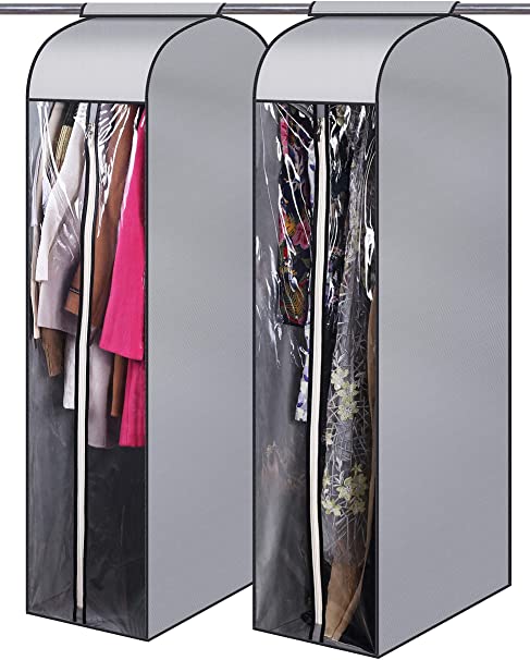 MISSLO 54" Narrow Hanging Garment Bags for Storage Well Sealed Clothes Dust Cover with Large Clear Window and 2 Zippers Opening for Suit Coat Closet Rack (Frameless), 2 Packs