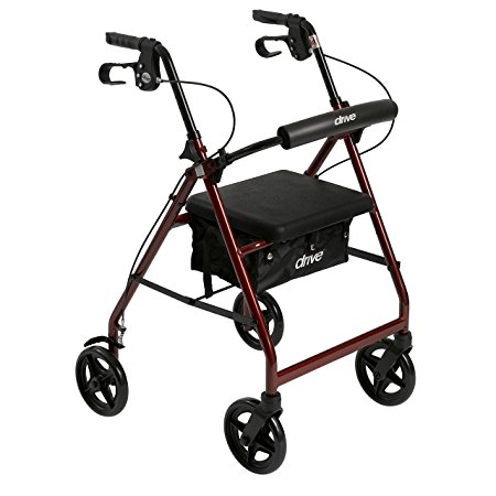 Drive Medical Aluminum Rollator Walker Fold Up and Removable Back Support, Padded Seat, 7.5" Wheels, Red