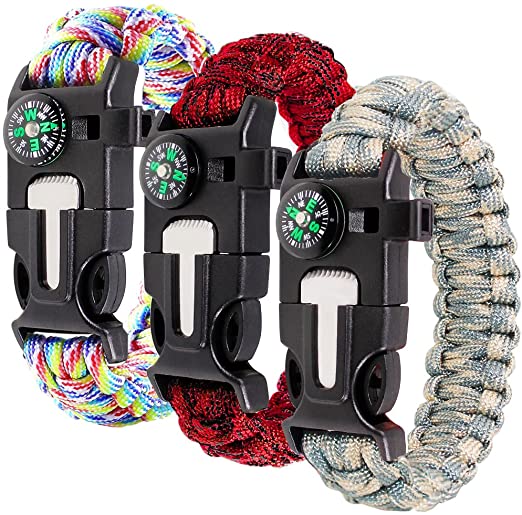 Paracord Bracelet Kit Set of 3 for Outdoor Survival, maxin 9 INCH Survival Gear Kit with Embedded Compass, Fire Starter & Whistle.(Mixed Colors