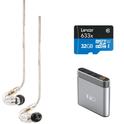 Shure SE215-CL Sound Isolating Earphones with Dynamic MicroDriver & Detachable Cable (Clear)w/Bundle, Includes FiiO A1 Portable Headphone Amplifier (Silver) & Lexar 32GB microSDXC UHS-I 633X Mem Card