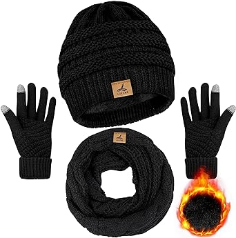 Winter Beanie Hat Scarf Gloves, Warm Fleece Knit Winter Hats Touch Screen Gloves Neck Scarf Set Winter Gifts for Women Men