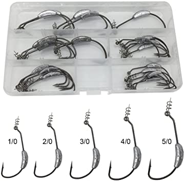 25pcs/Box Mixed 5 Size Fishing Weighted Superline Spring Hook Weighted Twistlock Black Chrome Hook with Centering Pin Size:1/0-0.07oz,2/0-0.09oz,3/0-0.11oz,4/0-0.19oz,5/0-0.47oz