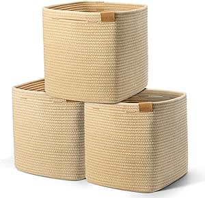 Storage Cubes 11 Inch Cube Storage Bins, Woven Storage Basket for Organizing, 3 Pack Cotton Rope Baskets for Shelves, Closet Organizer, Classroom Kids Toy Bin, Baby Nursery, Khaki