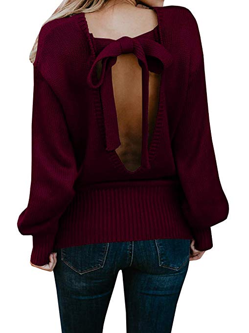 Geckatte Womens Sexy Sweaters Backless Oversized Long Sleeve Loose Knitted Sweater Pullover Jumper