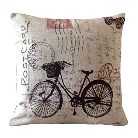 Aeneontrue Cotton Linen Post Card Bicycle Butterfly Print Decorative Throw Pillow Cover Cushion Cover 18 x 18