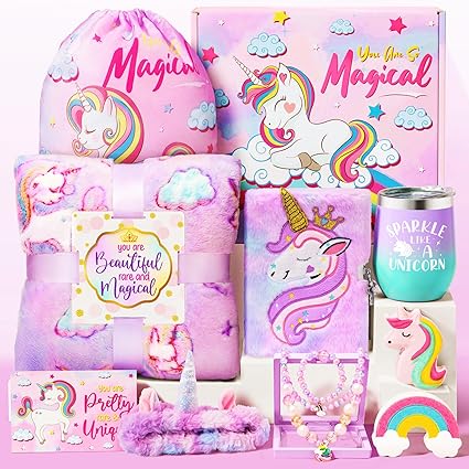 Qinline Unicorn Gifts for Girls, Valentine Gift Box for 3 4 5 6 7 8 9 10 11 12 Year Old Toddler/Teen Girl, Valentine Unicorn Toy for Girl Age 4-6, Birthday Gift with Glow in The Dark Blanket Cup Diary