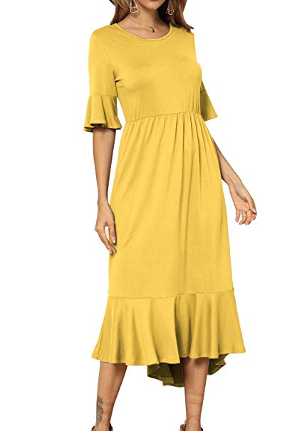 levaca Women's Plain Casual High Low Hem Flowy Midi Dress