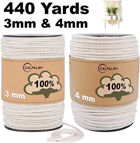 TWO Macrame Cord Rolls in 3mm and 4mm x 220 Yards Long | 100% Unbleached Cotton Macrame Rope with Triple Strands | DIY Home Decor Arts and Crafts Projects –Planters, Wall Decorations and Gift Wrapping