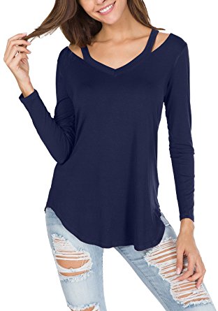 levaca Women's Long Sleeve Hollow Out V Neck Slim Fit Casual Blouse Tops