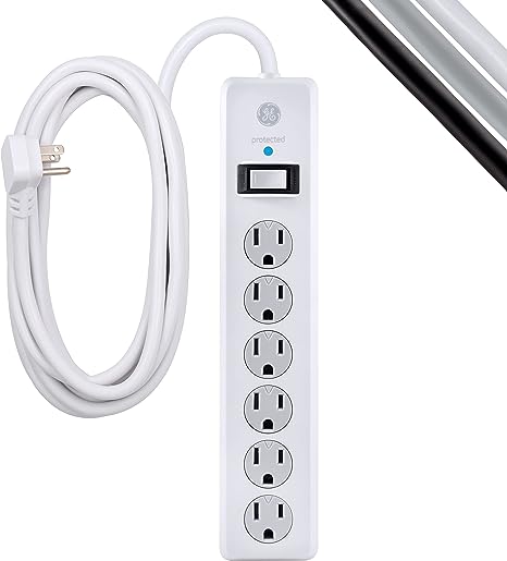 GE 6-Outlet Surge Protector, 15 Ft Extension Cord, Power Strip, 800 Joules, Flat Plug, Twist-to-Close Safety Covers, Protected Indicator Light, UL Listed, White, 50768