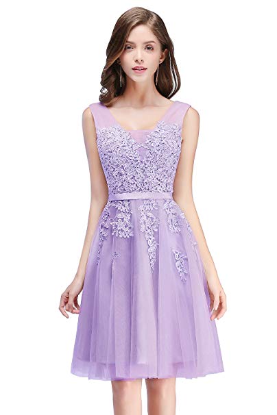 Babyonline Lace Tulle Prom Dresses Short V Neck Bridesmaid Homecoming Gown