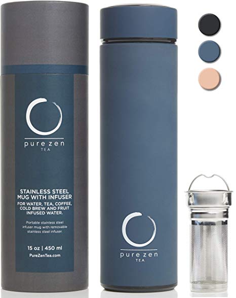 Pure Zen Tea Thermos with Infuser - Stainless Steel Insulated Tea Infuser Tumbler for Loose Leaf Tea, Iced Coffee and Fruit-Infused Water - Leakproof Tea Tumbler With Infuser - 15oz - Blue