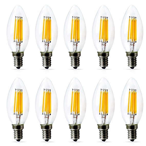 E12 LED Bulb Dimmable, C35 Candelabra LED Light Bulbs, 6 Watt LED Edison Filament, 60 Watt Eqivalent, E12 Base Chandelier Bulbs, Warm White Glow 2700K 600LM, 10 Packs