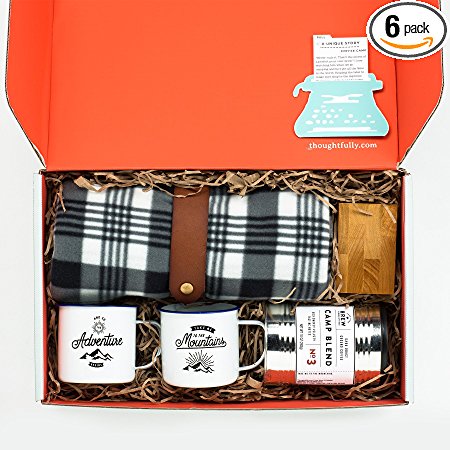 Coffee Camp Gift Box by Thoughtfully Gifts- Perfect for Camping No Outlet Required! Unique Coffee Lovers Kit Includes 100% Columbian Coffee, Wooden Pour Over Box, Fleece Blanket, Mugs & Filters