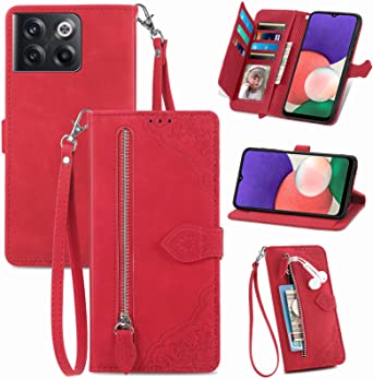 DAMONDY for OnePlus 10T Case,OnePlus 10T 5G Case,Wallet PU Leather Case Protective Flip Folio Cover Zipper Purse Clutch with 7 Card Holder Slot for OnePlus 10T 5G -Red