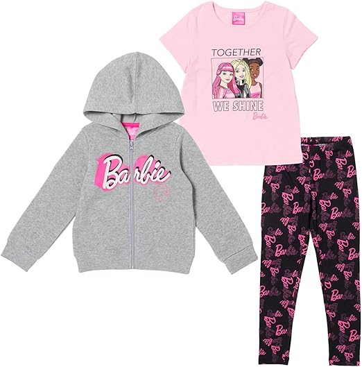 Barbie Girls Zip Up Fleece Hoodie Graphic T-Shirt and Leggings 3 Piece Outfit Set Little Kid to Big Kid