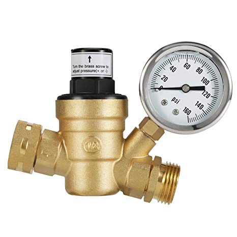 Kohree Water Pressure Regulator Valve, Brass Lead-Free Adjustable Water Pressure Reducer with Gauge for RV Camper, and Inlet Screened Filter