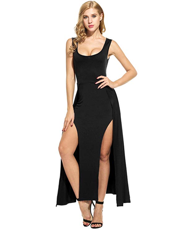 Beyove Women Classic Solid Sleeveless Double Side Slit Bodycon Party Dress Black/L