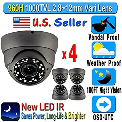 1/3" SONY 1000TVL , 720P, 1.3 MP 2.8-12mm Manual Zoom, 36IR 75FT Night Vision Vandal/Weather Proof CCTV Dome CAMERA 4 Camera Package
