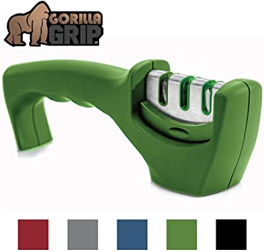 Gorilla Grip Original Premium Knife Sharpener, Professional Kitchen Chef 3 Slot Design, Easy Manual Sharpening, Non Slip Grip, Safely Sharpen Knives, Restore Your Dull Knife for A Sharp Edge, Green