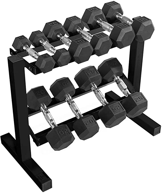 WF Athletic Supply 5-25Lb Rubber Coated Hex Dumbbell Set with Two Tier Storage Rack Non-Slip Hex Shape for Muscle Toning, Strength Building & Weight Loss - Multiple Choices Available