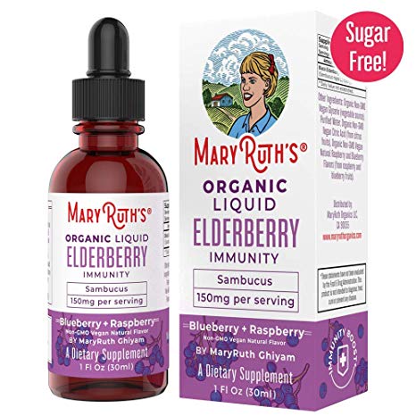 Organic Elderberry Syrup Liquid Extract by MaryRuth - Drops Supplement - Immune Boost - High Flavonoid Levels - Vegan Easy Absorption - Blueberry/Raspberry Flavor - Non-GMO - 1oz - 150 mg per Serving