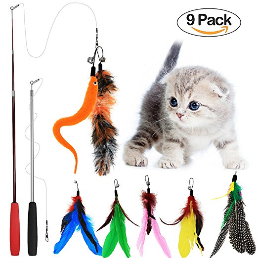 Tacobear 2 pack Retractable Interactive Teaser Cat Wand 7 Refills Feathers Cat Feather Toys For Cat