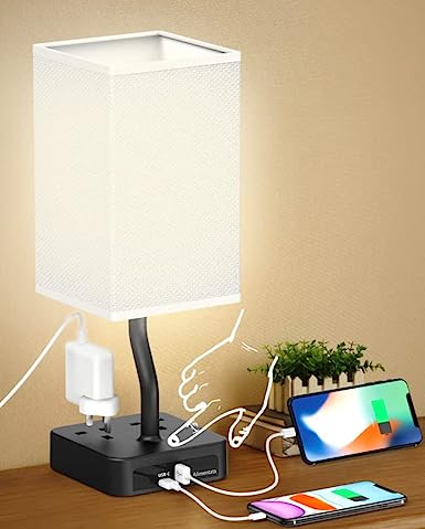 Alimentata Bedside Table Lamp, Touch Control Nightstand Bedroom Lamp with USB C & USB A Charging Ports, 2 Way Outlets, Minimalist White Fabric LED Desk Night Light for Living Room Office