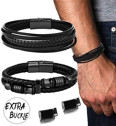 LOLIAS Wrap Leather Bracelet for Men Stainless Steel Magnetic-Clasp Braided Multi-Layer Bangle Cuff Bracelets