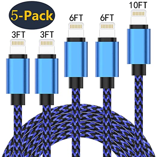 iPhone Charger Cable Braided Lightning Cable 5-Pack [3/3/6/6/10FT] USB Fast Charge Long iPhone Charging Cord Wire Compatible iPhone 11 Pro Max Xs X XR 8 7 6s 6 5 SE iPad iPod More
