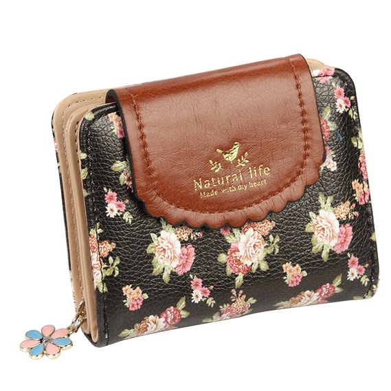 PolyTree Women's Vintage Floral Synthetic Leather Folded Mini Wallet Coin Purse