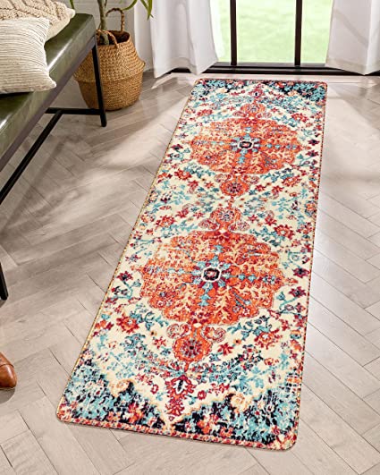 Lahome Bohemian Floral Medallion Area Rug - 2x6 Washable Runner Rug Oriental Distressed Non-Slip Hallway Kitchen Mat Faux Wool Low-Pile Floor Carpet for Laundry Bathroom Bedside