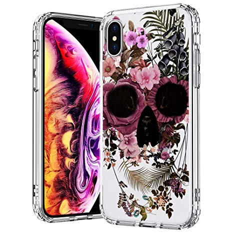 MOSNOVO Case for iPhone Xs/iPhone X, Floral Skull Flower Clear Design Printed Transparent Hard Back case with TPU Bumper Protective Case Cover for iPhone X/iPhone Xs