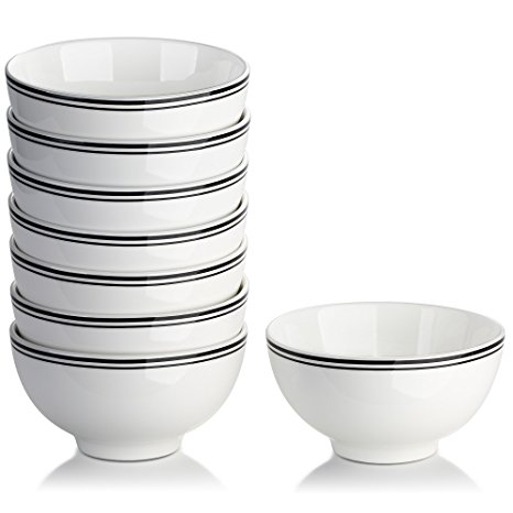 DOWAN 10 Ounce Porcelain Soup/Cereal Bowls-Stripe Style, White, Set of 8