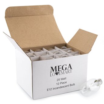 MEGALOVEMART 25W Watt E12 Socket Long Lasting Incandescent Candelebra Salt Lamp Light Bulbs - 12 Pack