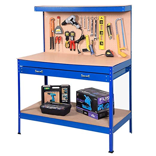 Goplus Steel Workbench Tool Storage Work Bench Workshop Tools Table W/Drawer and Peg Board (Blue)