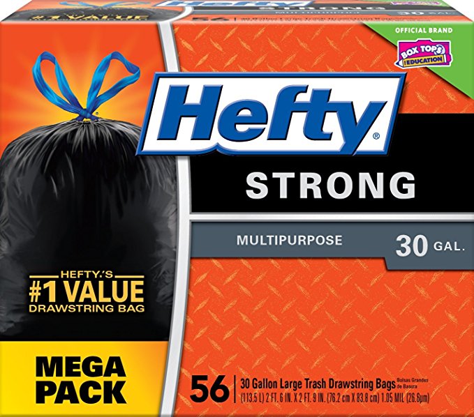 Hefty Strong Large Trash Bags (Multipurpose, Unscented, Drawstring, 30 Gallon, 56 Count) - Packaging May Vary