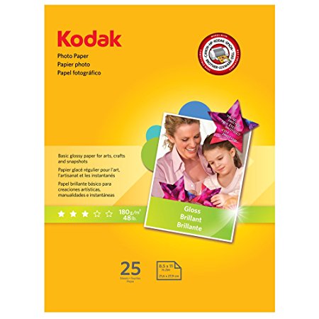 Kodak Photo Paper for inkjet printers, Gloss Finish, 7 mil thickness,  25 sheets, 8.5” x 11” (1912369)