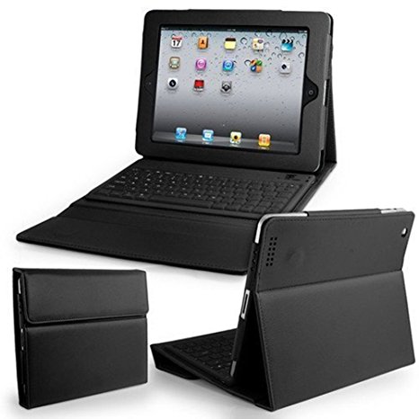 Flylinktech Bluetooth Wireless Keyboard with Leather Case Stand Cover iPad 1 2nd 3rd Generation ( Black )